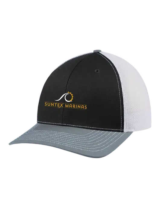 Richardson Adjustable Snapback Original 112 Trucker Cap Black/Light Heather Grey/White Mesh w/Suntex Marinas Logo